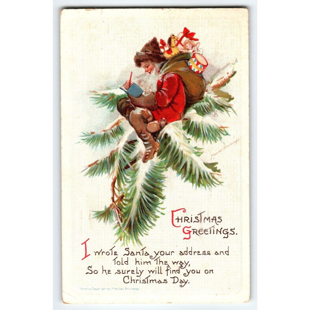 Christmas Postcard Signed Frances Brundage Santa Sits In Tree Gabriel Germany
